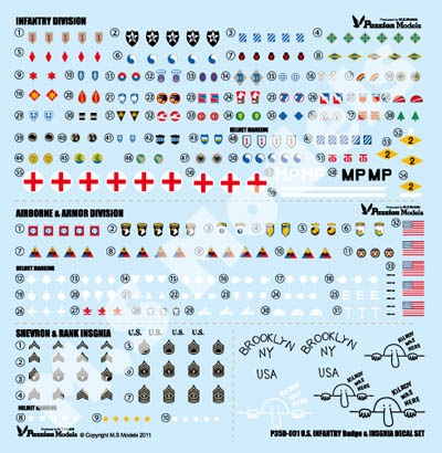 Photo1: [Passion Models] [P35D-001] 1/35 WWII U.S Army Budge&Insignia Decal set